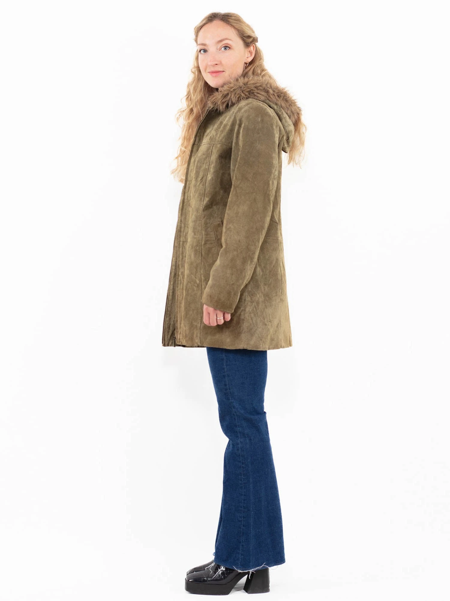 Vintage 90's Women Suede Sherpa Coat In Green 2 Vintage 90's Women Suede Sherpa Coat In Green - Image 2