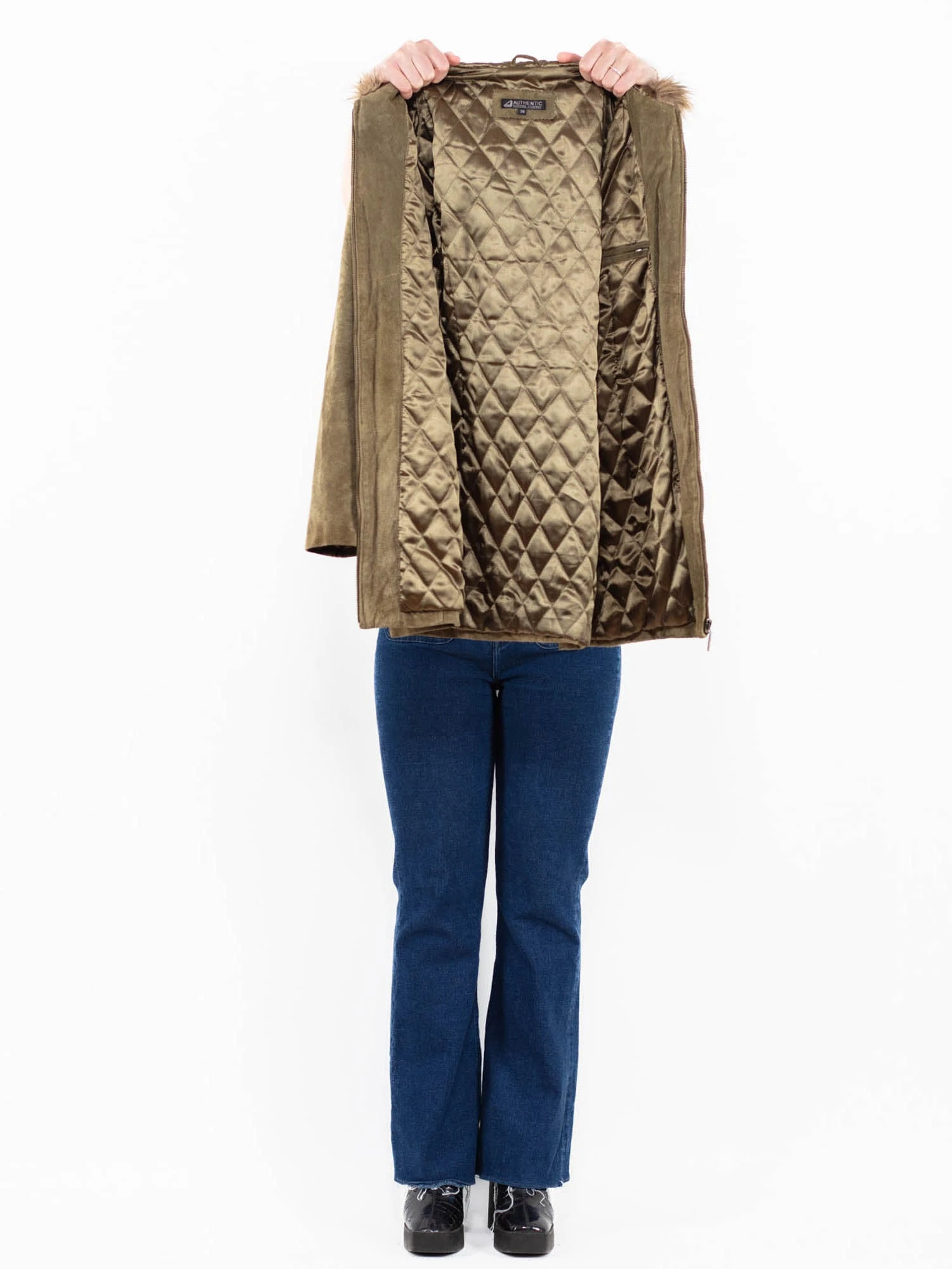 Vintage 90's Women Suede Sherpa Coat In Green 4 Vintage 90's Women Suede Sherpa Coat In Green - Image 4