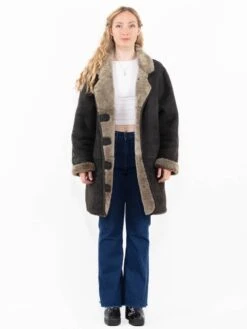 Vintage 90's Women Oversized Sheepskin Coat In Gray