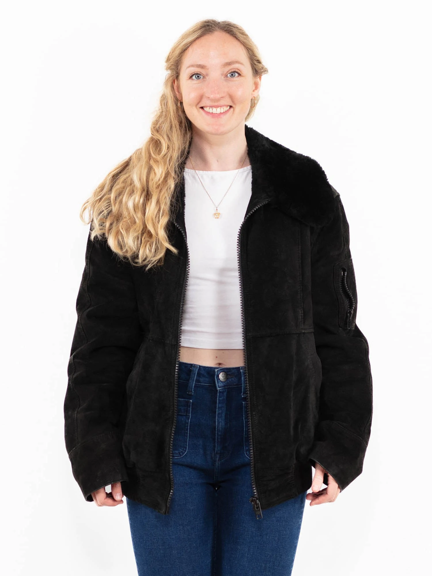 Vintage 90's Women Suede Sherpa Jacket In Black 1 Vintage 90's Women Suede Sherpa Jacket In Black