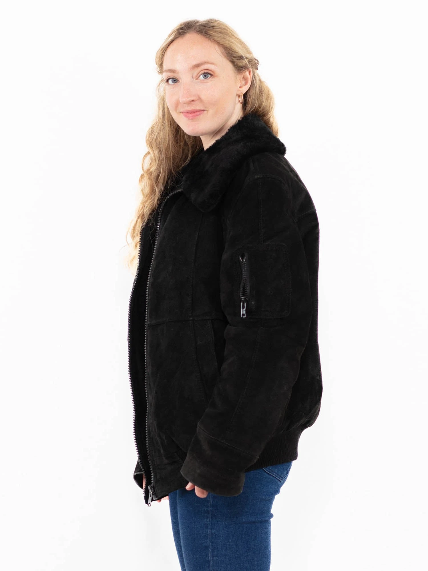 Vintage 90's Women Suede Sherpa Jacket In Black 3 Vintage 90's Women Suede Sherpa Jacket In Black - Image 3
