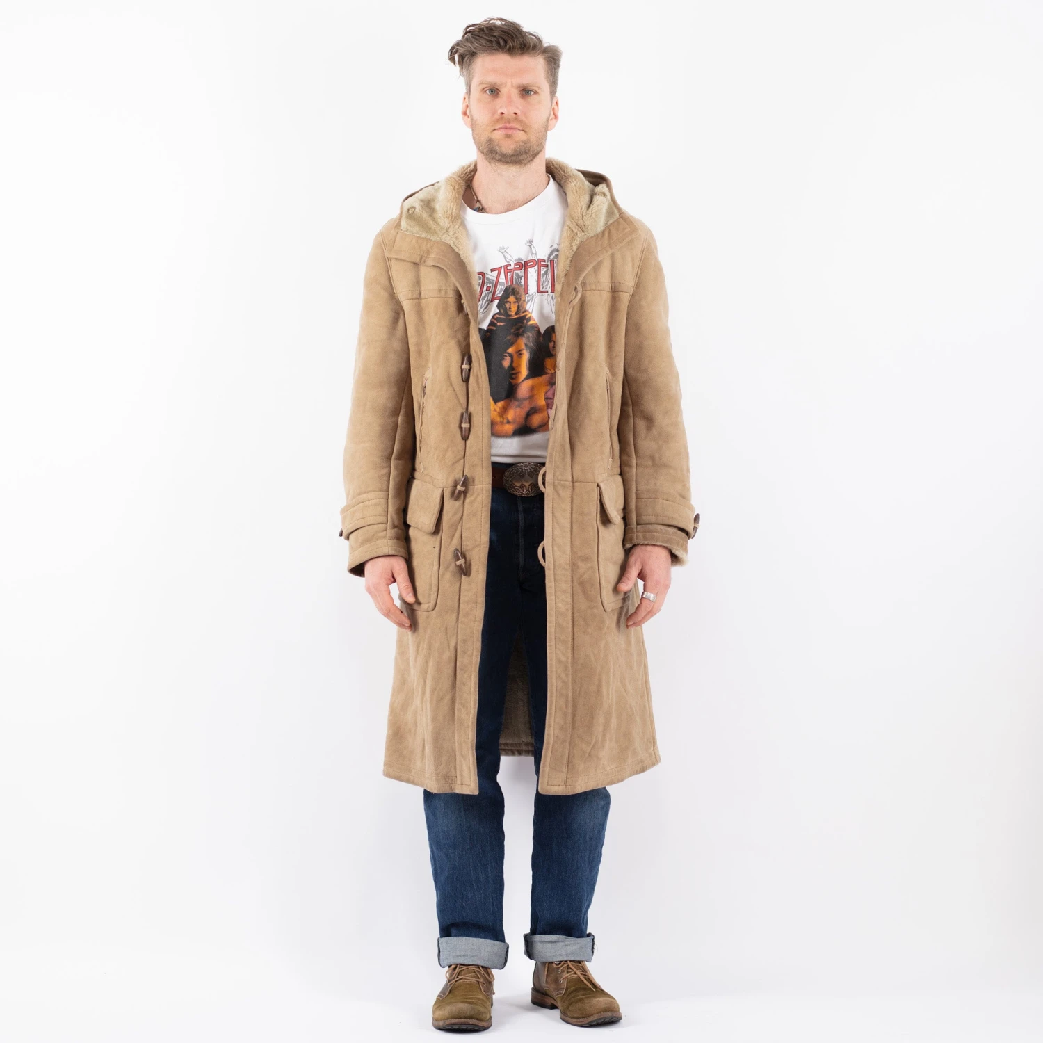Vintage 90's Men Hooded Sheepskin Coat In Beige 5 Vintage 90's Men Hooded Sheepskin Coat In Beige - Image 5