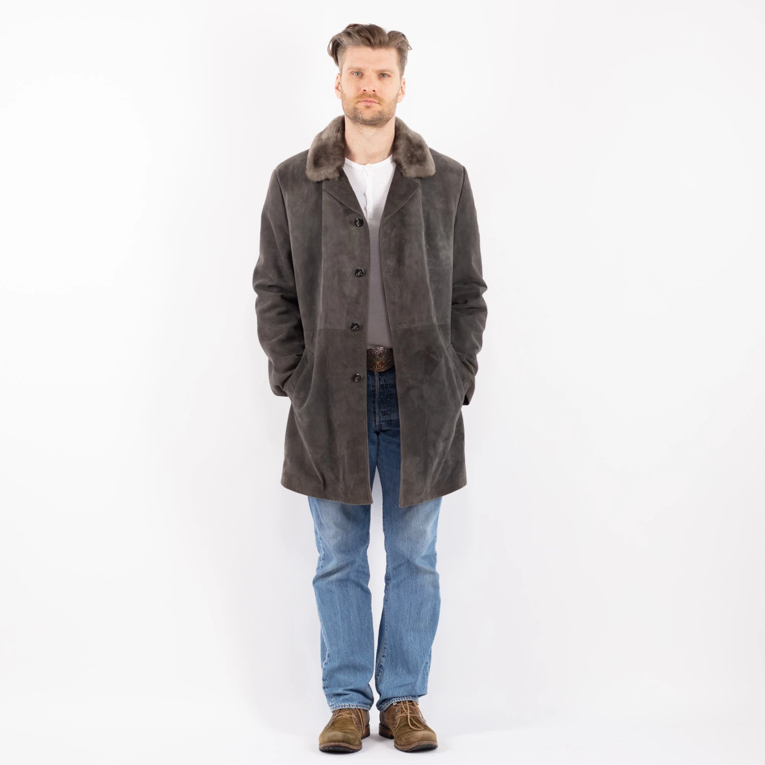 Vintage 70's Men Suede Sherpa Coat In Gray 5 Vintage 70's Men Suede Sherpa Coat In Gray - Image 5