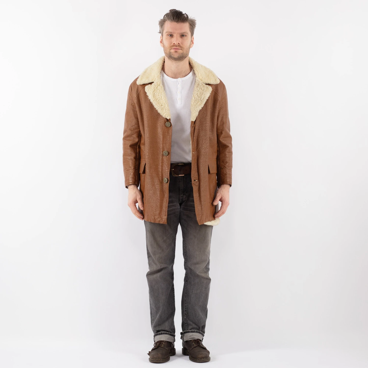 Vintage 90's Men Leather Sherpa Coat In Brown 5 Vintage 90's Men Leather Sherpa Coat In Brown - Image 5