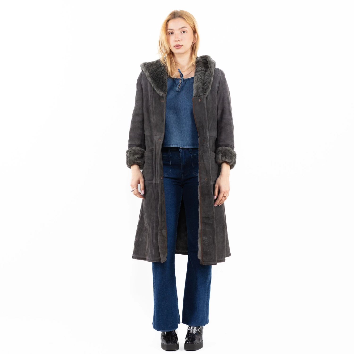 Vintage 70's Women Sheepskin Coat In Gray 5 Vintage 70's Women Sheepskin Coat In Gray - Image 5