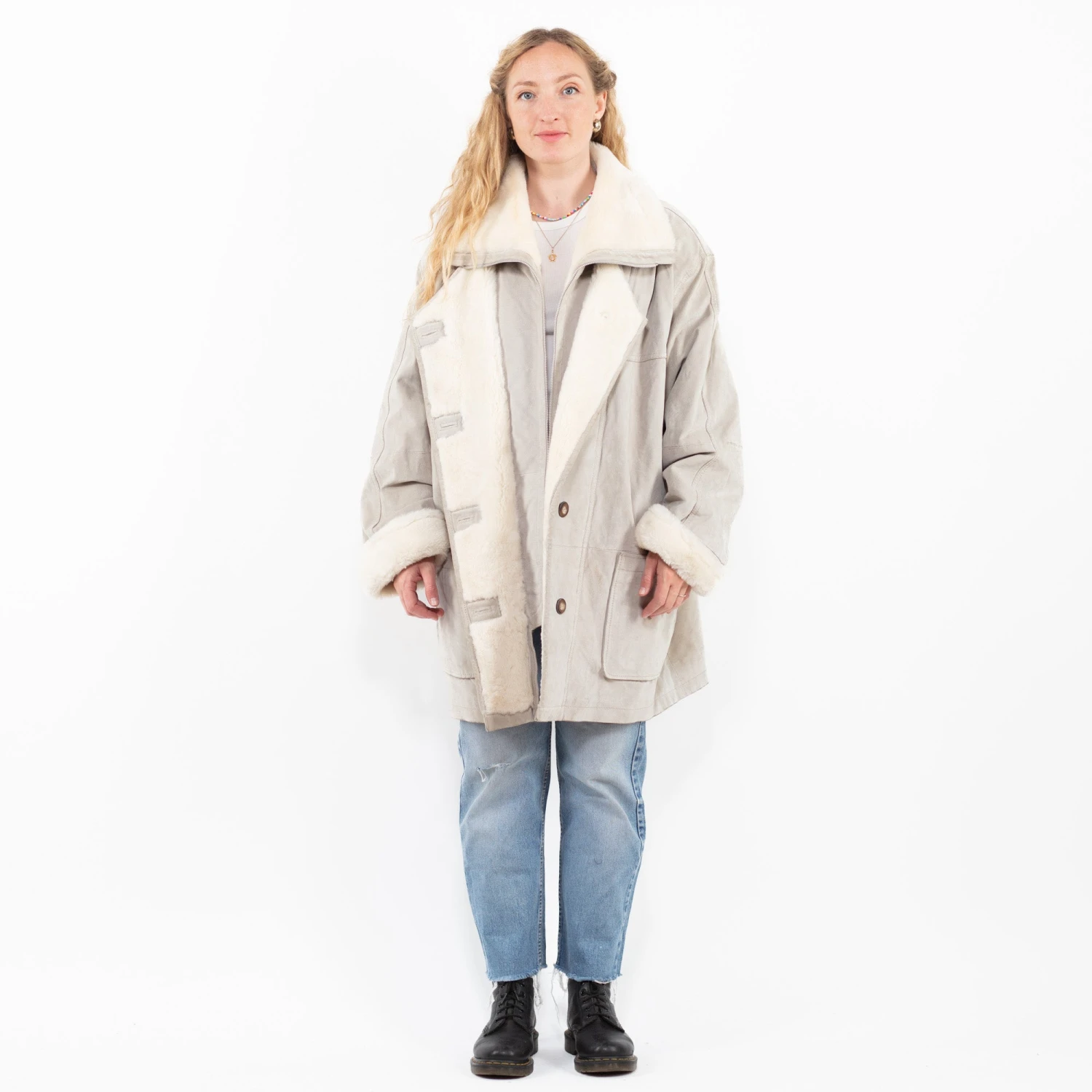 Vintage 90's Women Suede Sherpa Coat In Gray 5 Vintage 90's Women Suede Sherpa Coat In Gray - Image 5