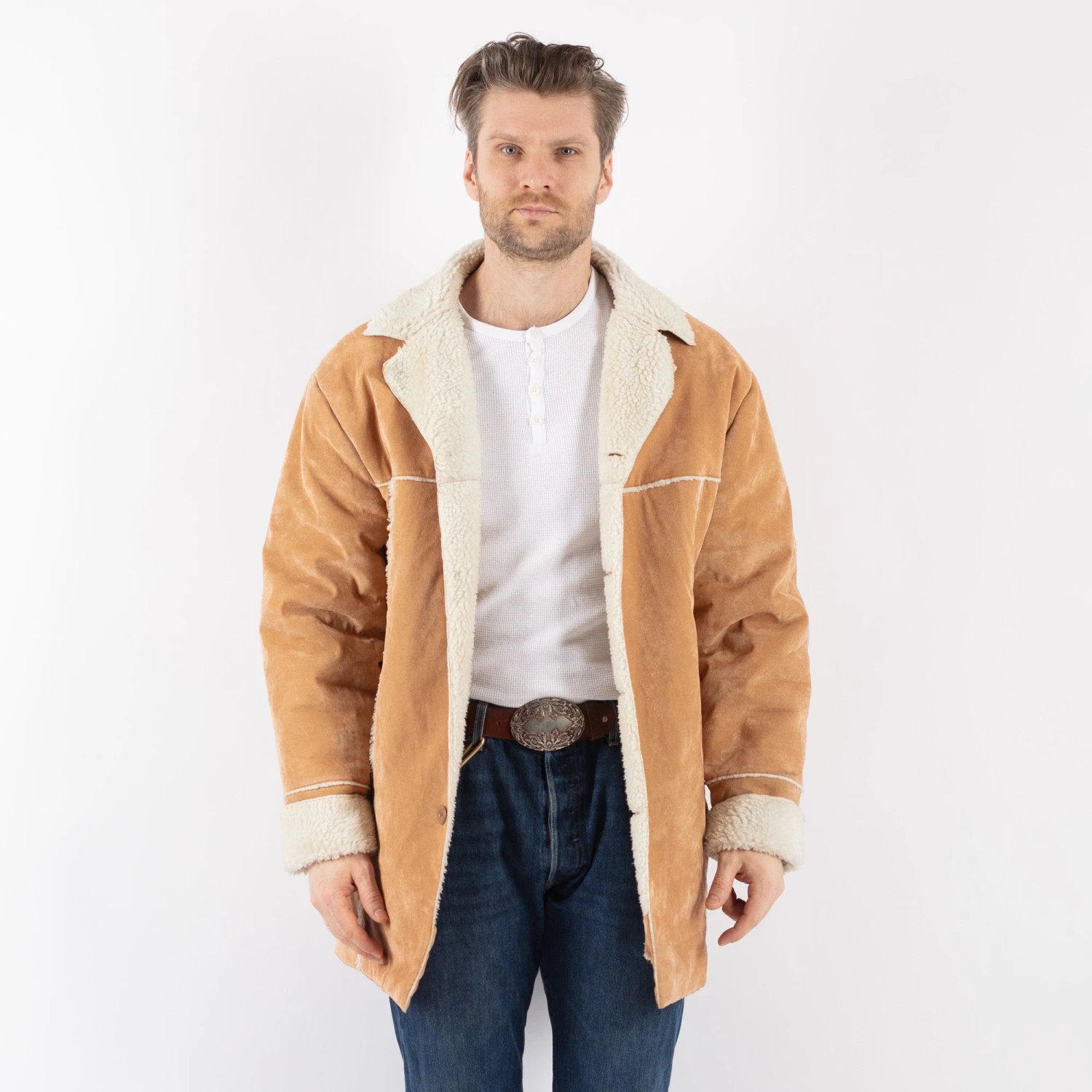 Vintage 90's Men Faux Sheepskin Coat In Beige 5 Vintage 90's Men Faux Sheepskin Coat In Beige - Image 5