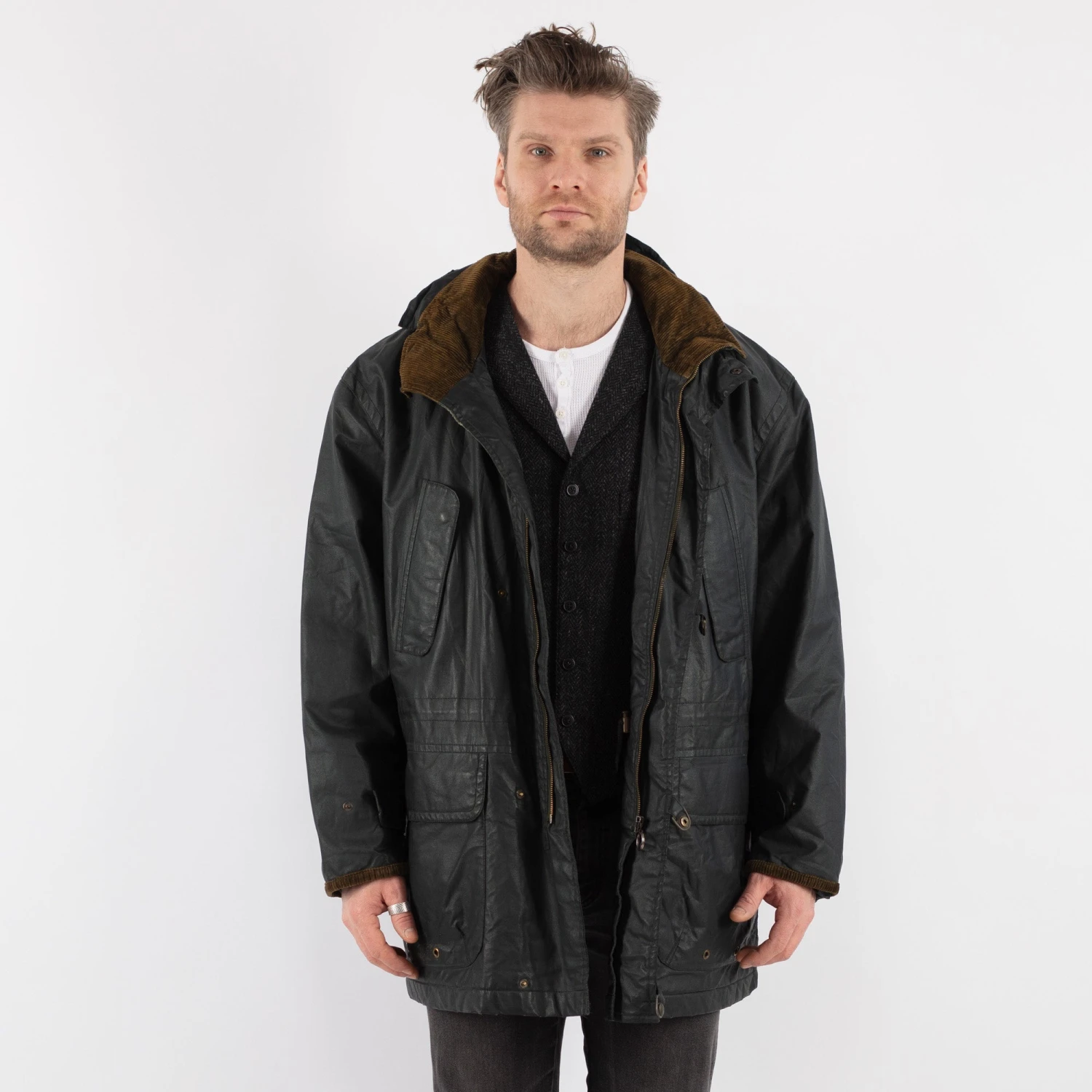 Vintage 70's Men Hooded Waxed Canvas Jacket In Black 5 Vintage 70's Men Hooded Waxed Canvas Jacket In Black - Image 5