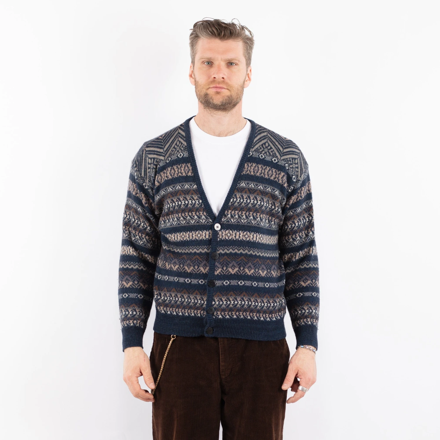 Vintage 90's Men Patterned Cardigan In Blue 5 Vintage 90's Men Patterned Cardigan In Blue - Image 5