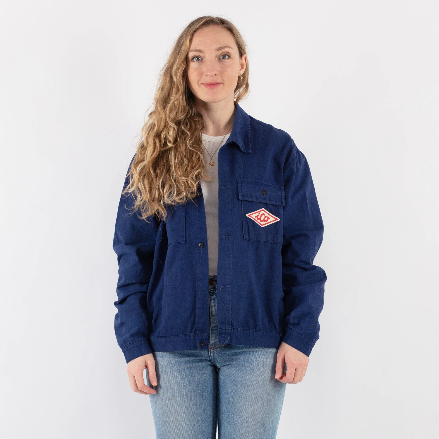 Vintage 70's Women Cropped Italian Work Jacket In Blue 4 Vintage 70's Women Cropped Italian Work Jacket In Blue - Image 4