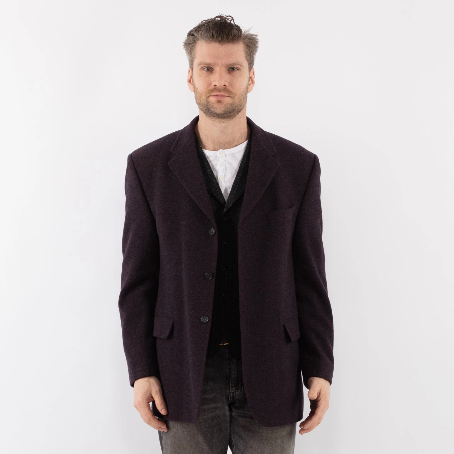 Vintage 90's Men Wool Blazer Jacket In Purple 5 Vintage 90's Men Wool Blazer Jacket In Purple - Image 5