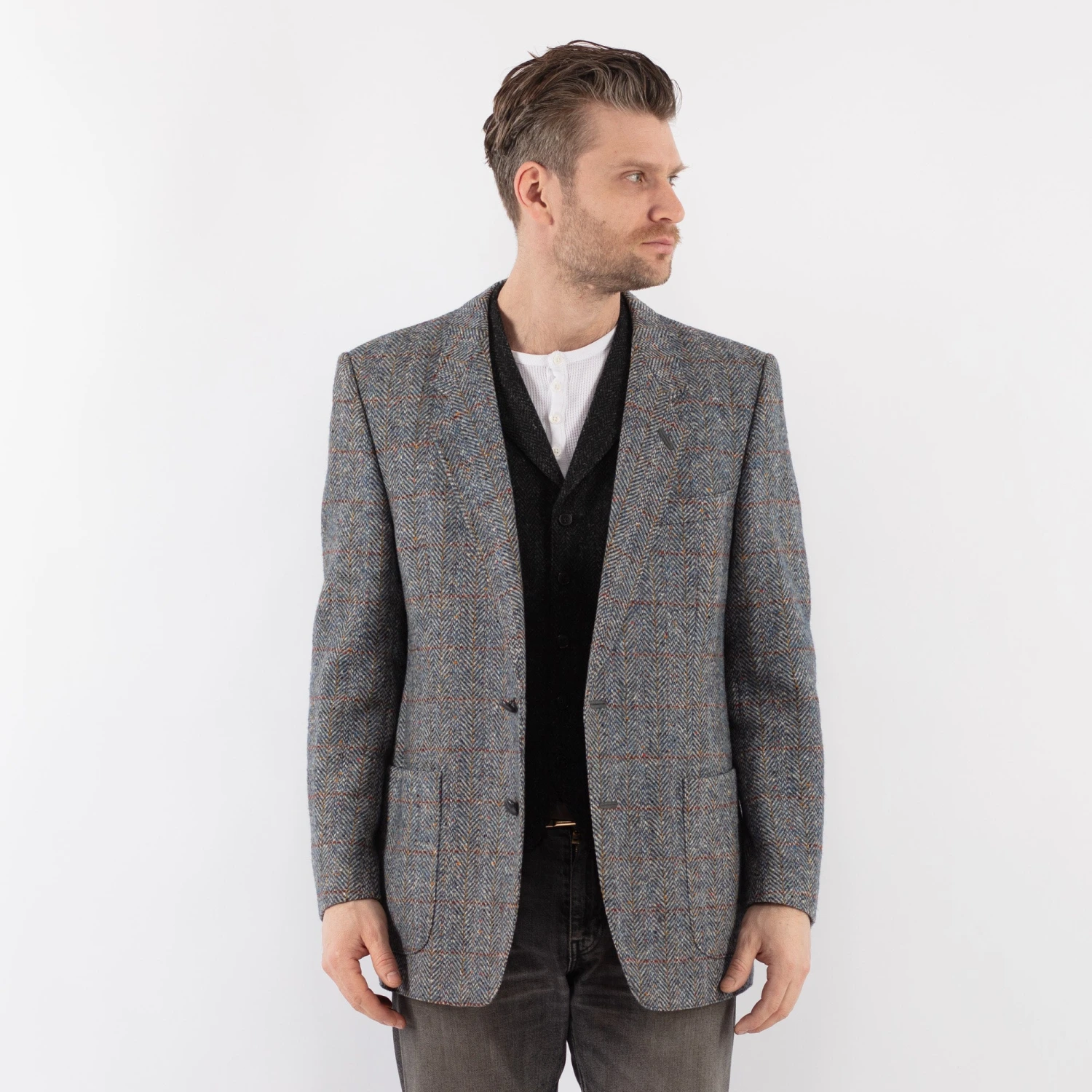 Vintage 70's Men Tweed Style Wool Blazer Jacket In Gray Blue 5 Vintage 70's Men Tweed Style Wool Blazer Jacket In Gray Blue - Image 5