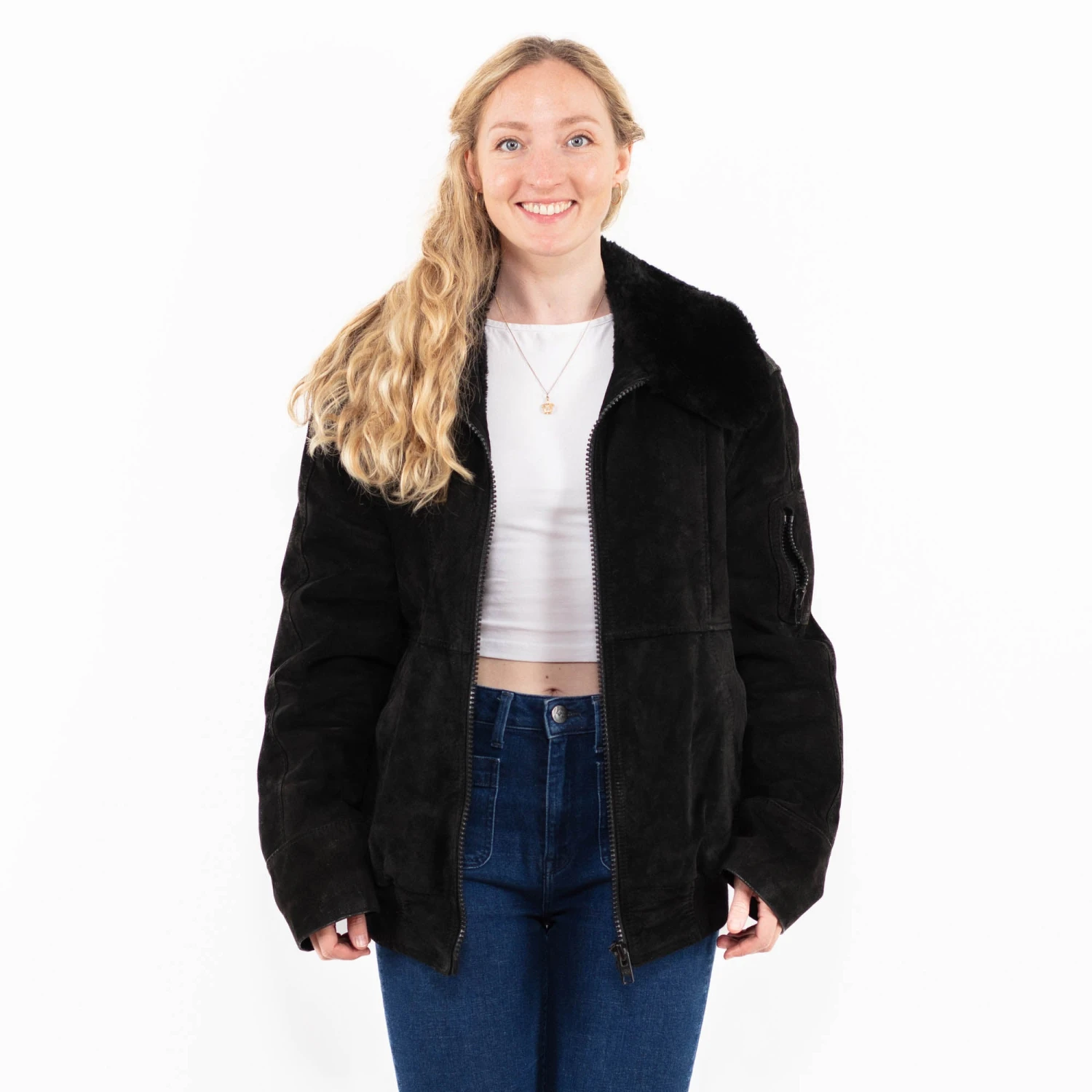 Vintage 90's Women Suede Sherpa Jacket In Black 5 Vintage 90's Women Suede Sherpa Jacket In Black - Image 5