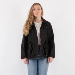 Vintage 90's Women Waxed Canvas Jacket In Faded Black -Northern Grip Square 0407