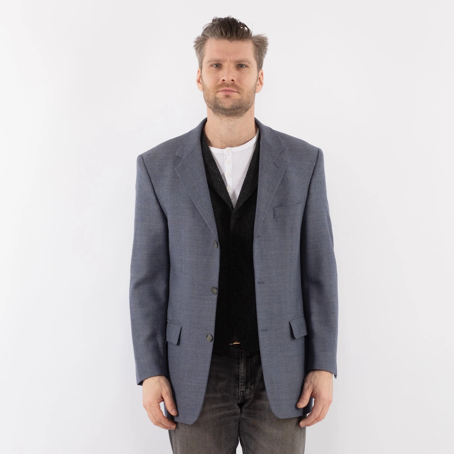 Vintage 90's Men Wool Blazer Vest In Blue 5 Vintage 90's Men Wool Blazer Vest In Blue - Image 5