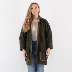 Vintage 80's Women Waxed Canvas Coat In Green -Northern Grip Square 0489