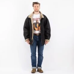 Vintage 90's Men Sheepskin Shearling Coat In Black -Northern Grip Square 0512
