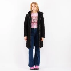 Vintage 90's Women Hooded Faux Sheepskin Coat In Black -Northern Grip Square 0579