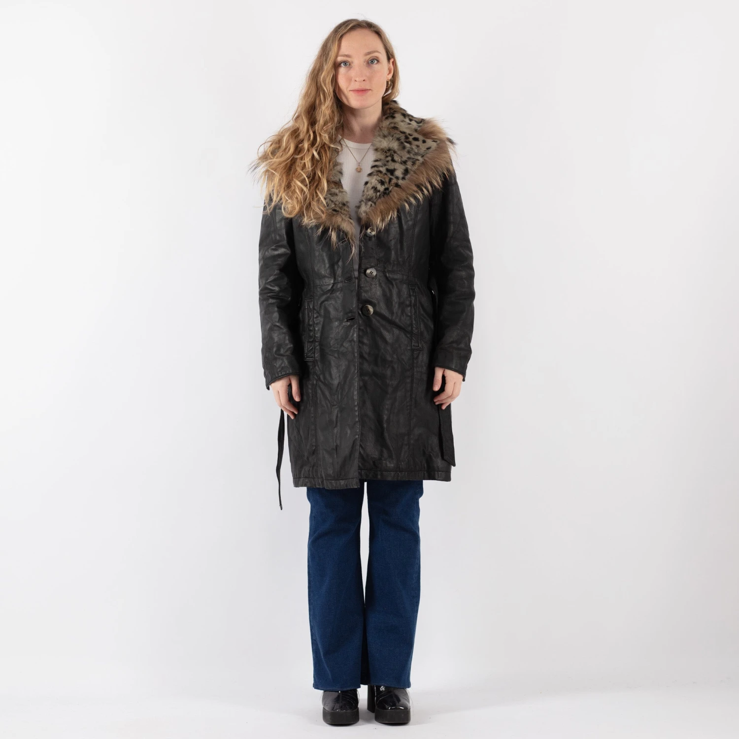 Vintage 70's Women Leather Fur Coat In Black 5 Vintage 70's Women Leather Fur Coat In Black - Image 5