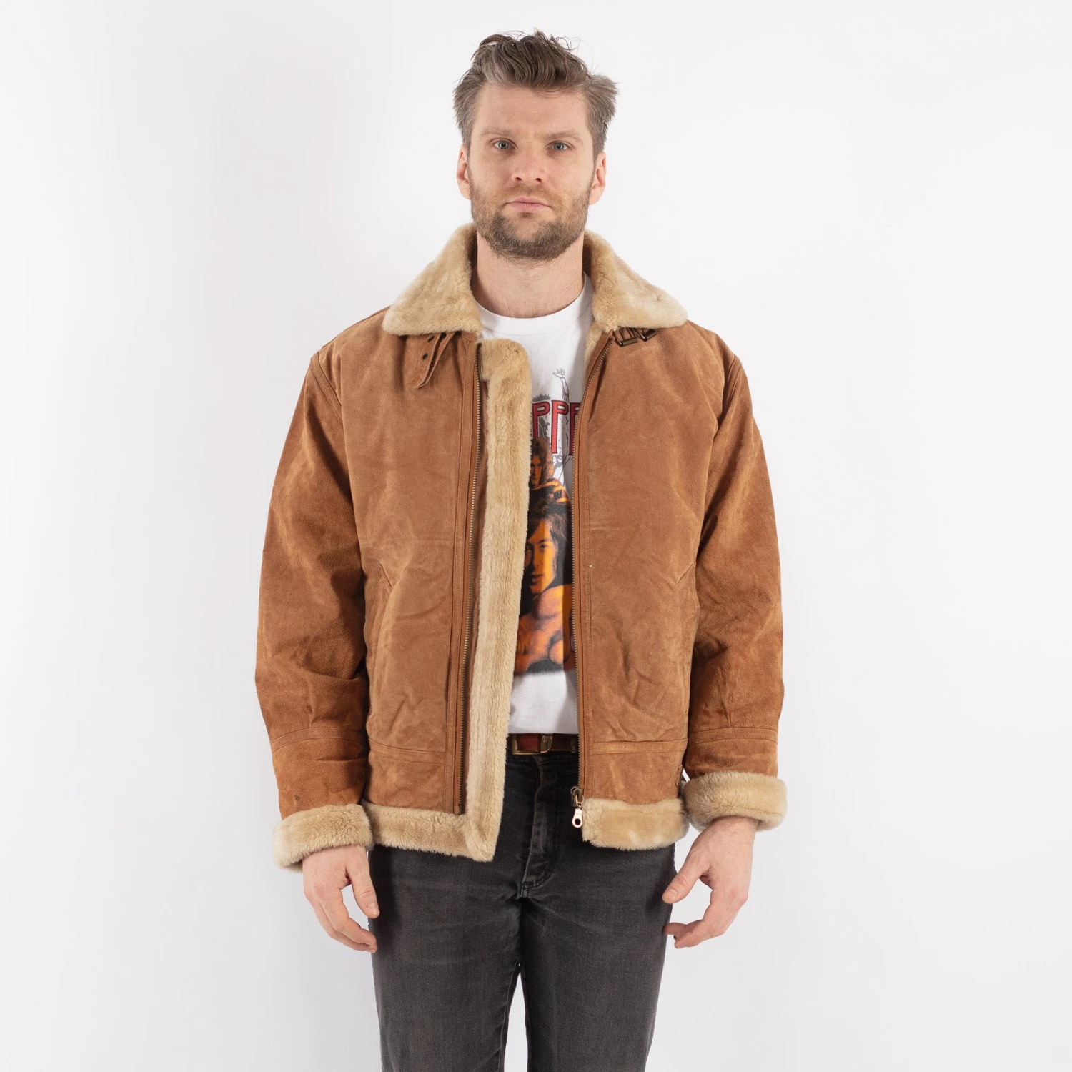 Vintage 00's Men Suede Sherpa Jacket In Beige 5 Vintage 00's Men Suede Sherpa Jacket In Beige - Image 5