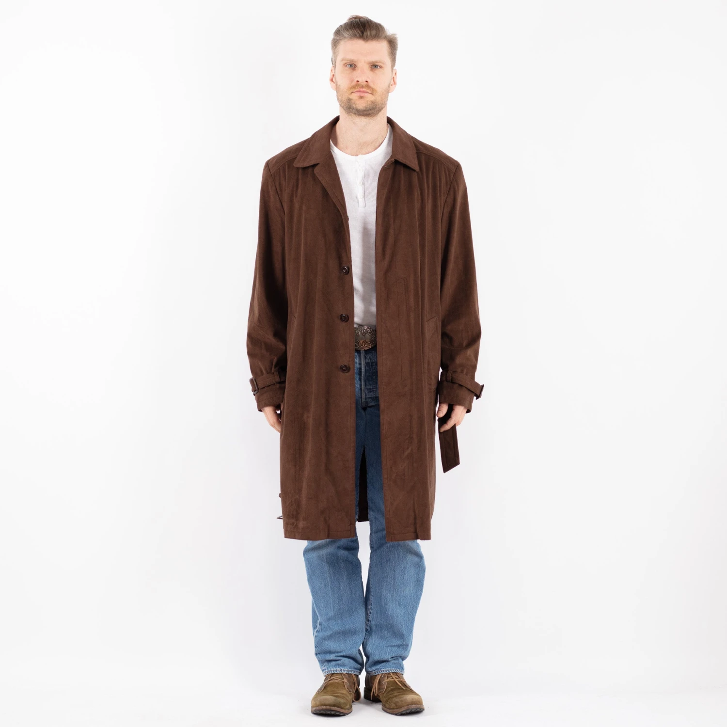 Vintage 90's Men Faux Suede Mac Coat In Brown 5 Vintage 90's Men Faux Suede Mac Coat In Brown - Image 5