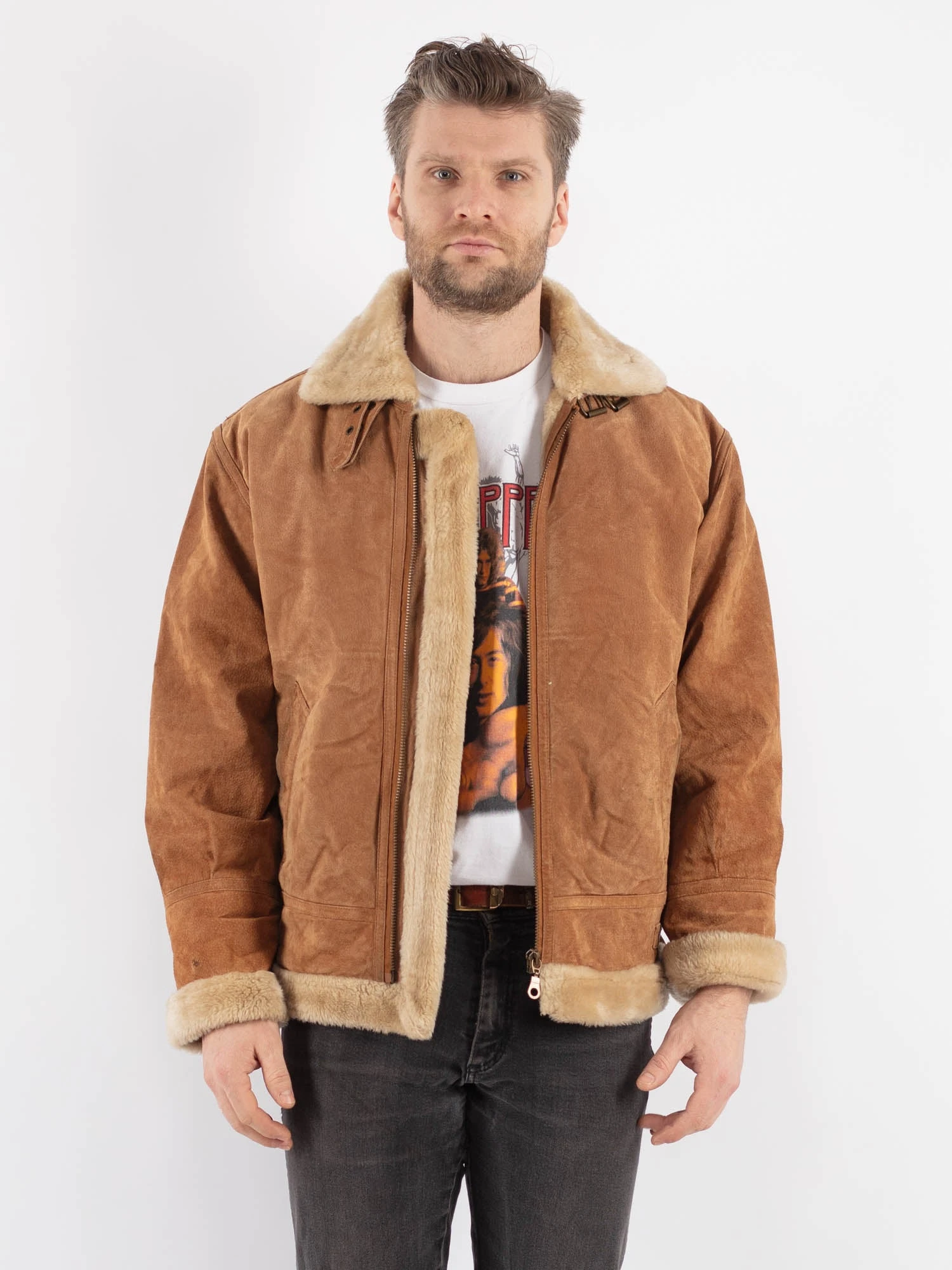 Vintage 00's Men Suede Sherpa Jacket In Beige 1 Vintage 00's Men Suede Sherpa Jacket In Beige