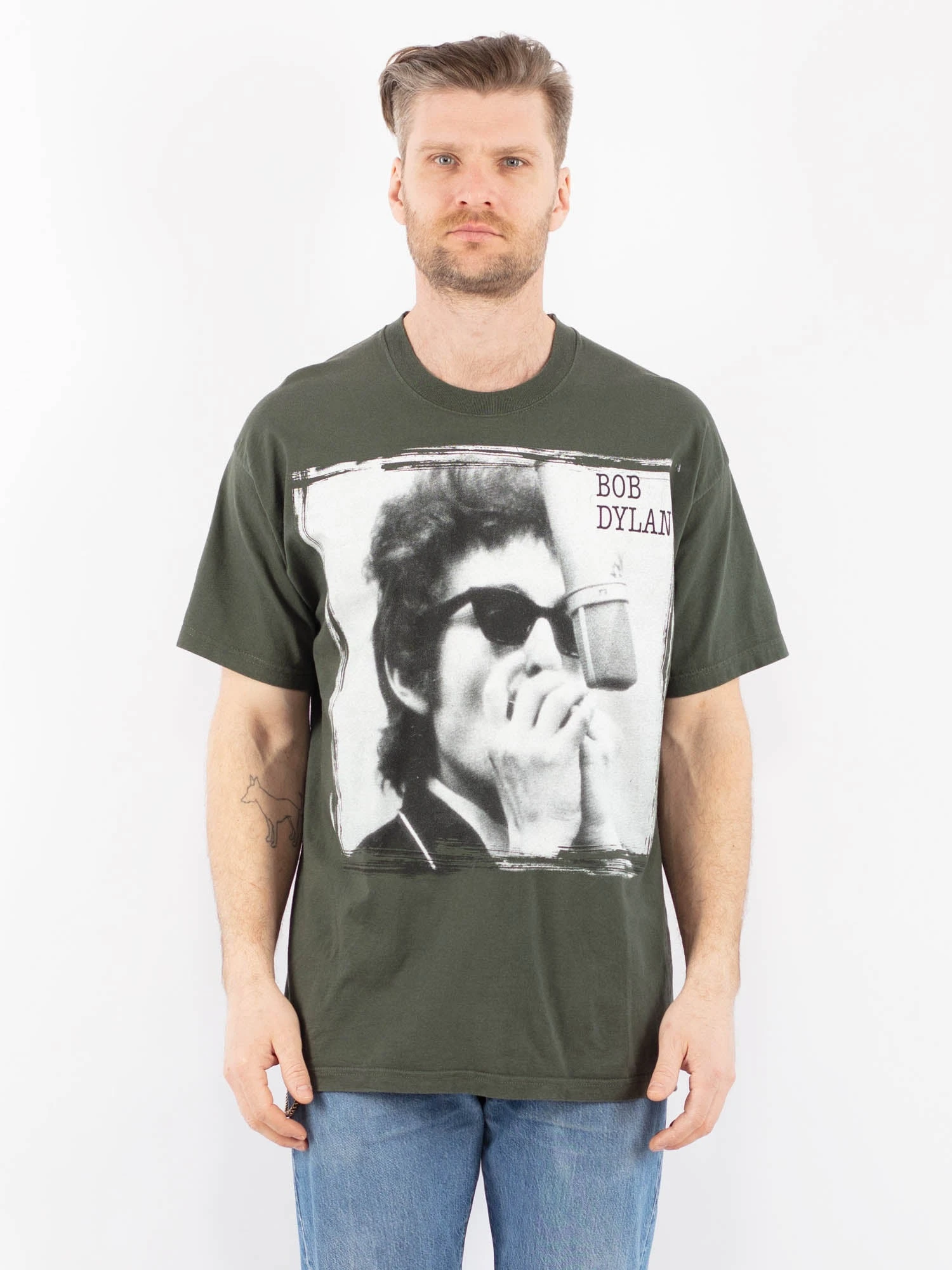 Vintage 00's Men Bob Dylan Print T-Shirt In Green 1 Vintage 00's Men Bob Dylan Print T-Shirt In Green