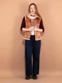 Vintage 00's Women Faux Sheepskin Vest In Beige Brown