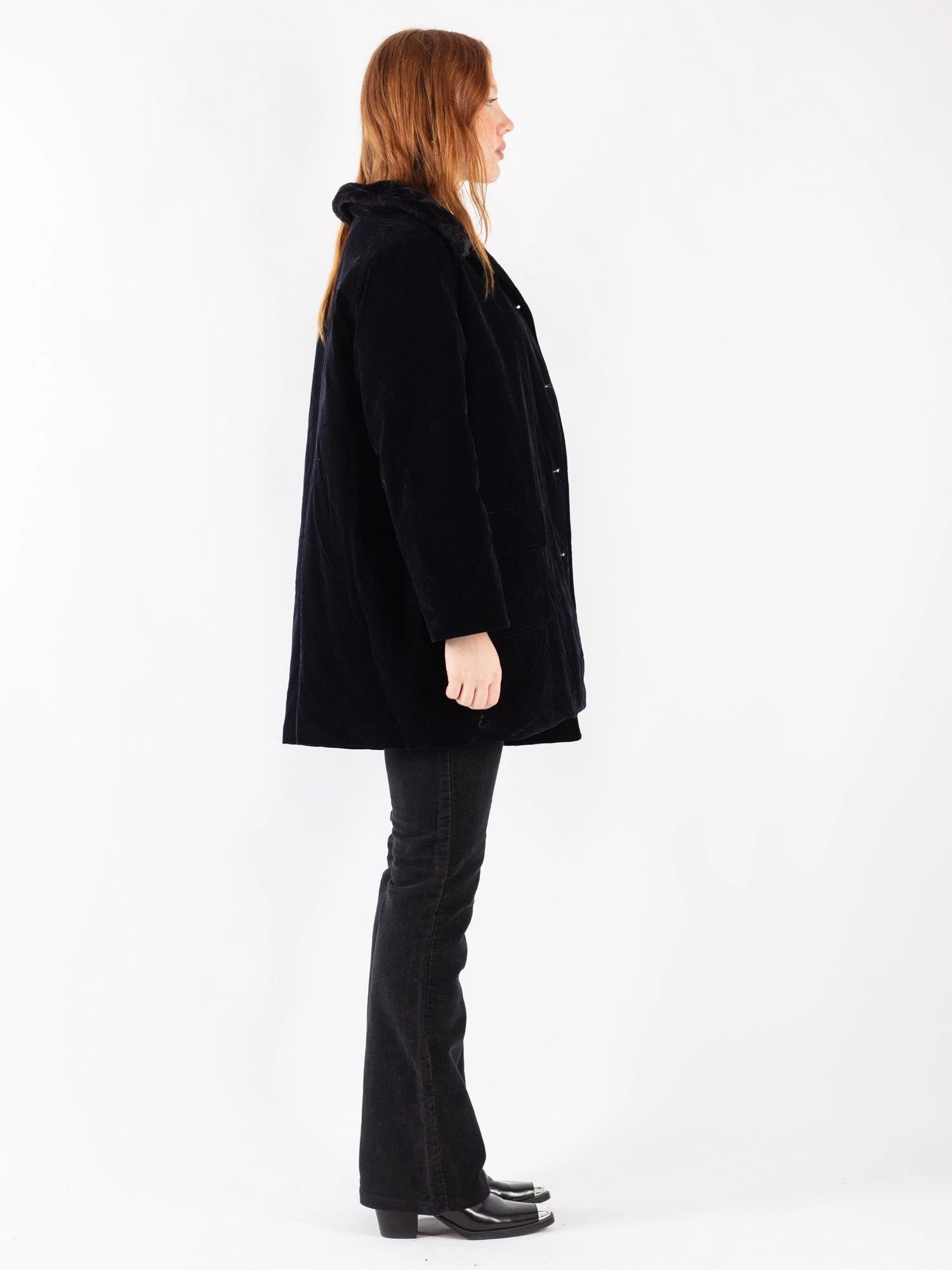 Vintage 00's Women Faux Suede Coat In Dark Blue 2 Vintage 00's Women Faux Suede Coat In Dark Blue - Image 2