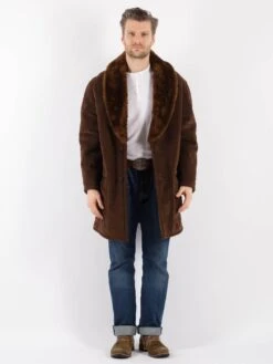 Vintage 70's Men Faux Sheepskin Coat In Brown