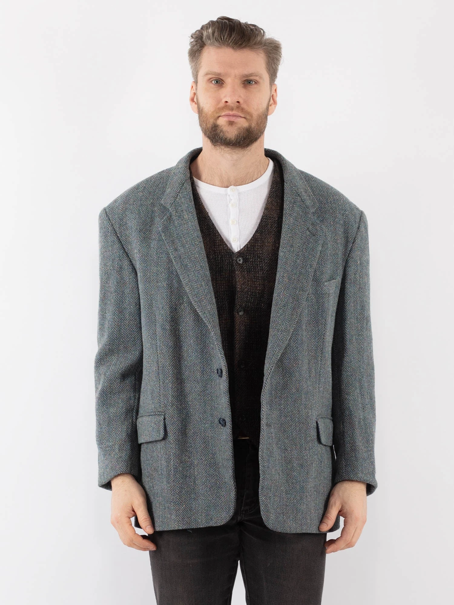 Vintage 70's Men Harris Tweed Jacket In Blue 1 Vintage 70's Men Harris Tweed Jacket In Blue