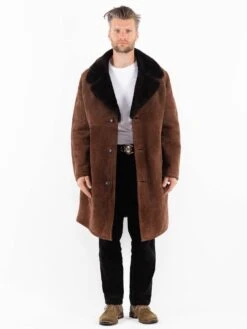 Vintage 70's Men Sheepskin Shearling Coat In Brown