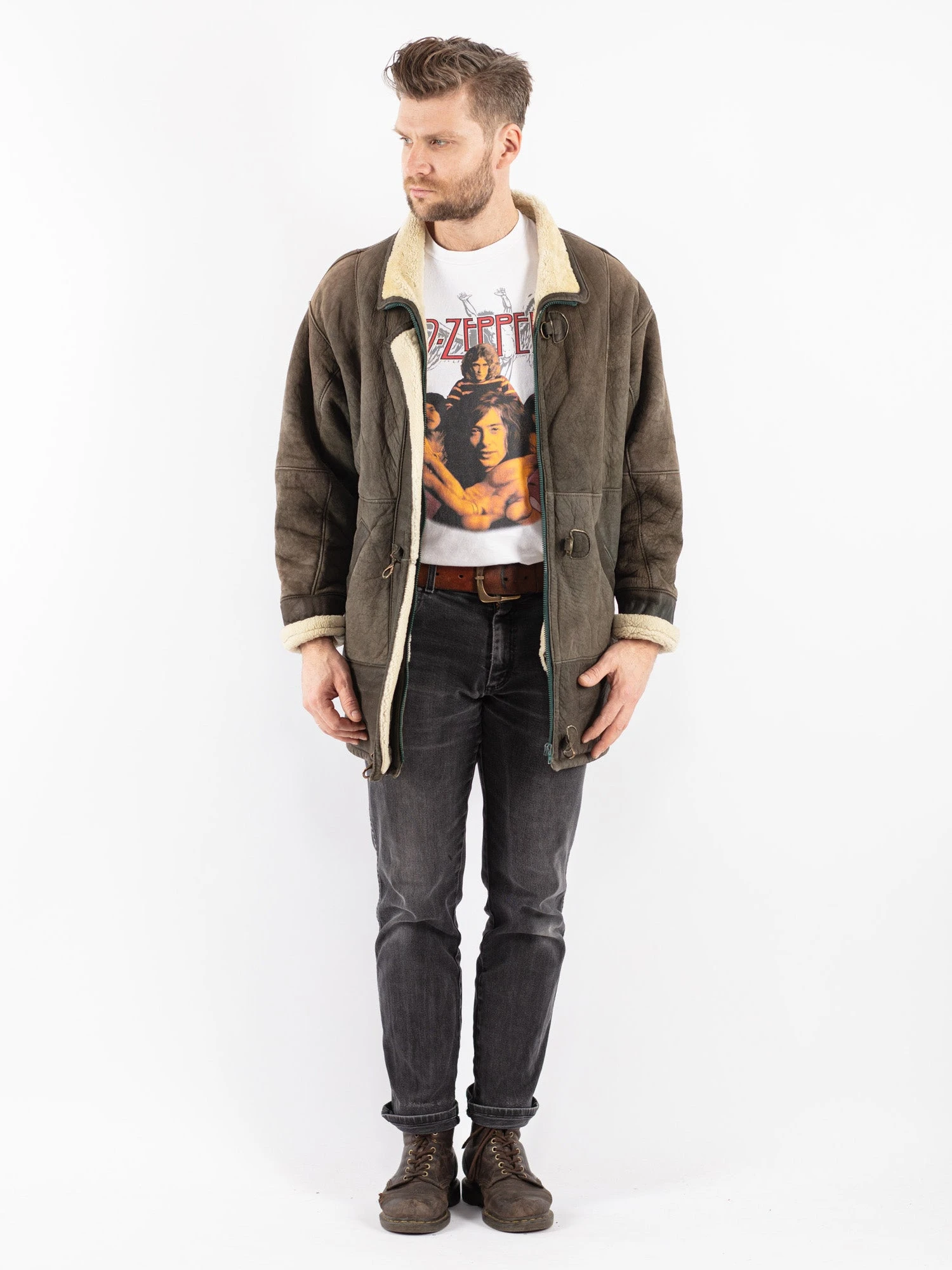 Vintage 70's Men Sheepskin Coat In Khaki 1 Vintage 70's Men Sheepskin Coat In Khaki