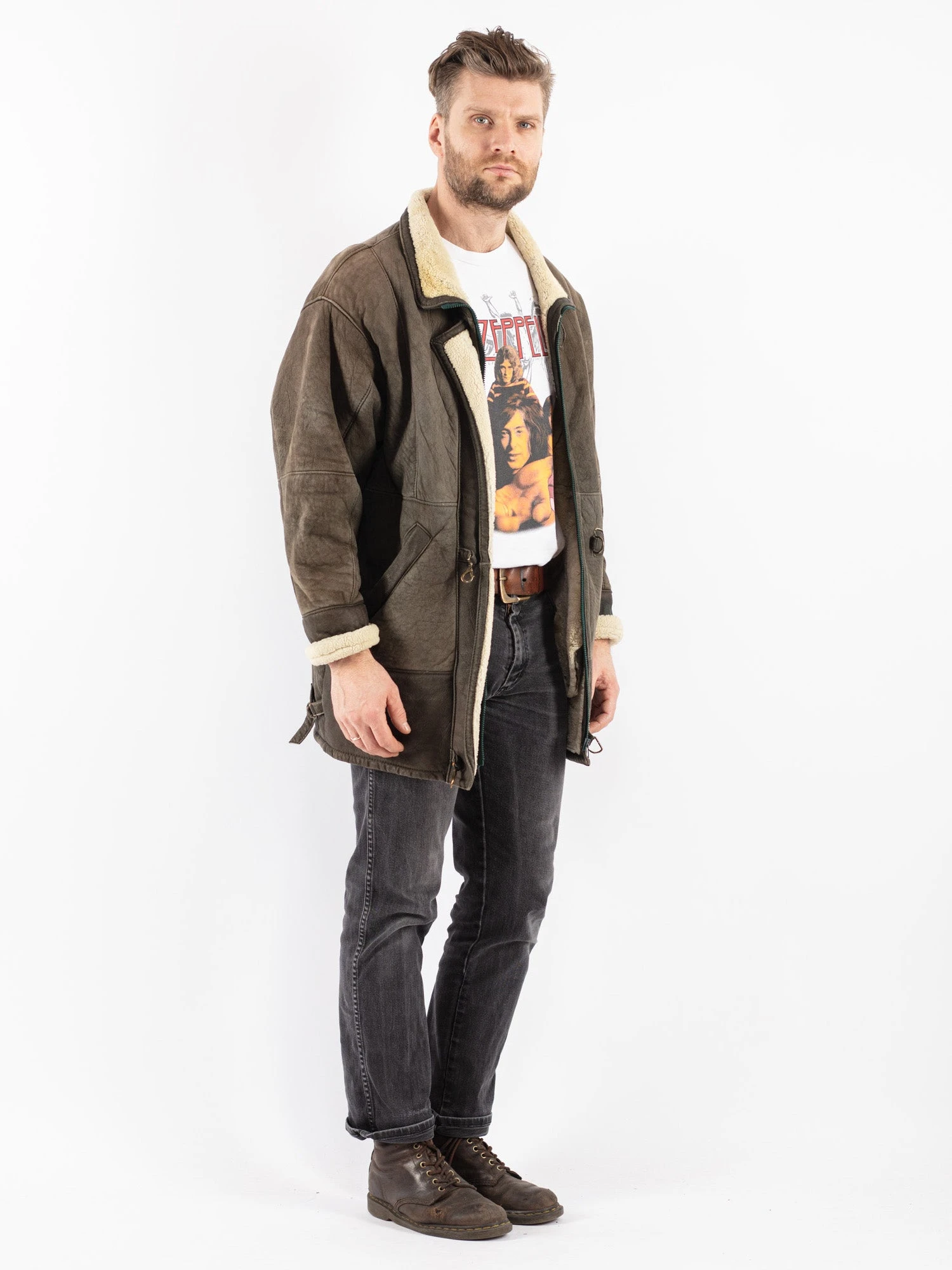 Vintage 70's Men Sheepskin Coat In Khaki 3 Vintage 70's Men Sheepskin Coat In Khaki - Image 3