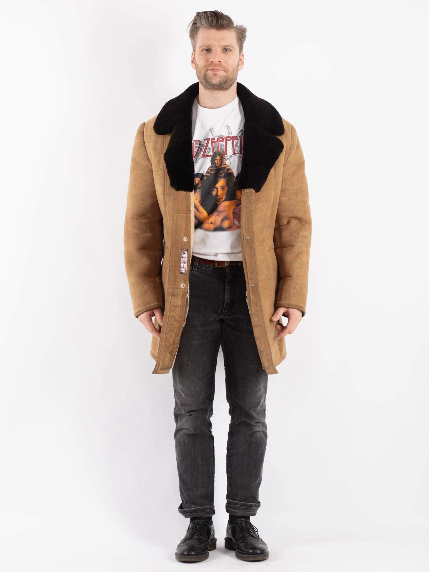 Vintage 70's Men Sheepskin Shearling Coat In Beige 1 Vintage 70's Men Sheepskin Shearling Coat In Beige