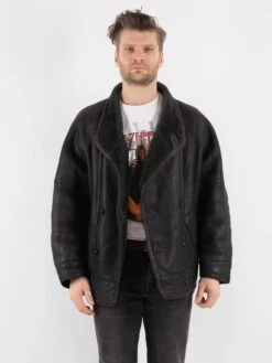 Vintage 70's Men Sheepskin Jacket In Faded Black