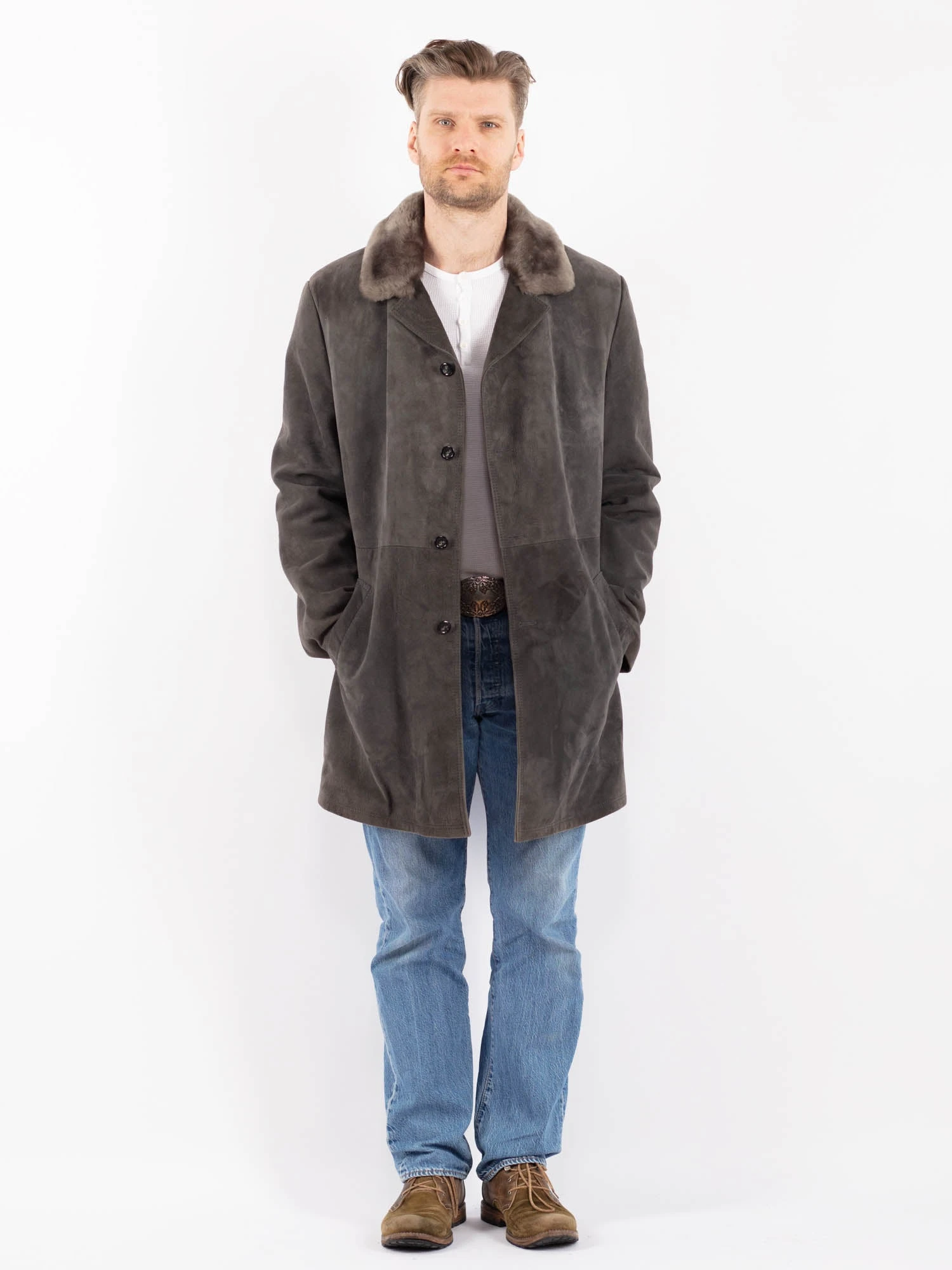 Vintage 70's Men Suede Sherpa Coat In Gray 1 Vintage 70's Men Suede Sherpa Coat In Gray