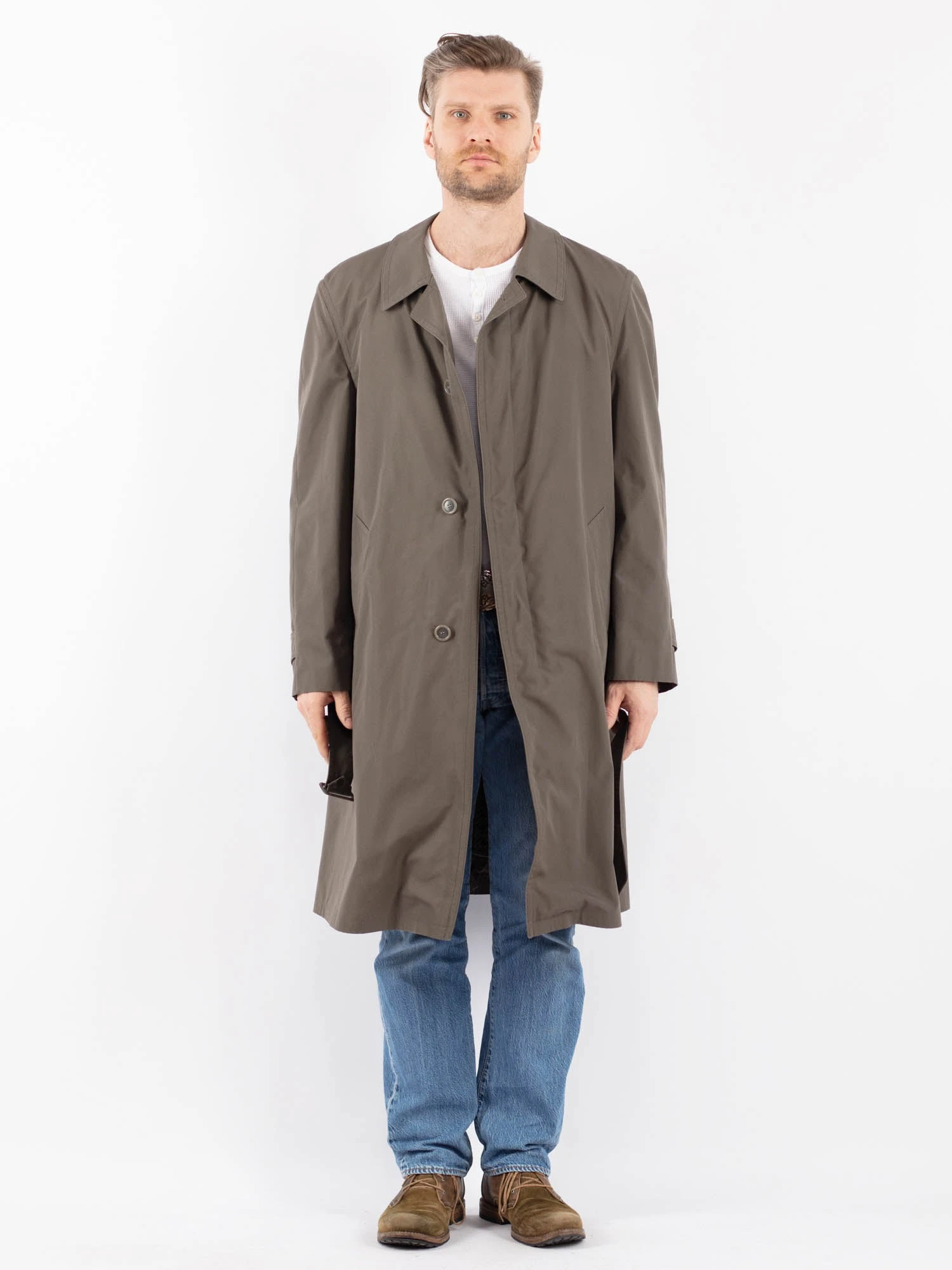 Vintage 70's Men Belted Mac Coat In Khaki 1 Vintage 70's Men Belted Mac Coat In Khaki