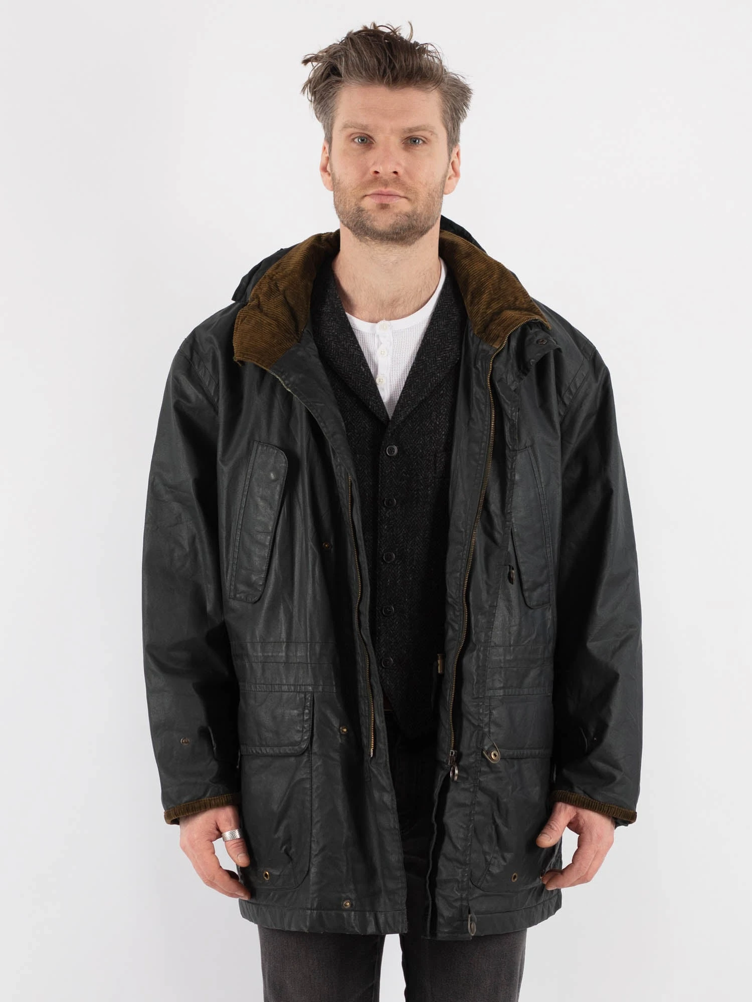 Vintage 70's Men Hooded Waxed Canvas Jacket In Black 1 Vintage 70's Men Hooded Waxed Canvas Jacket In Black