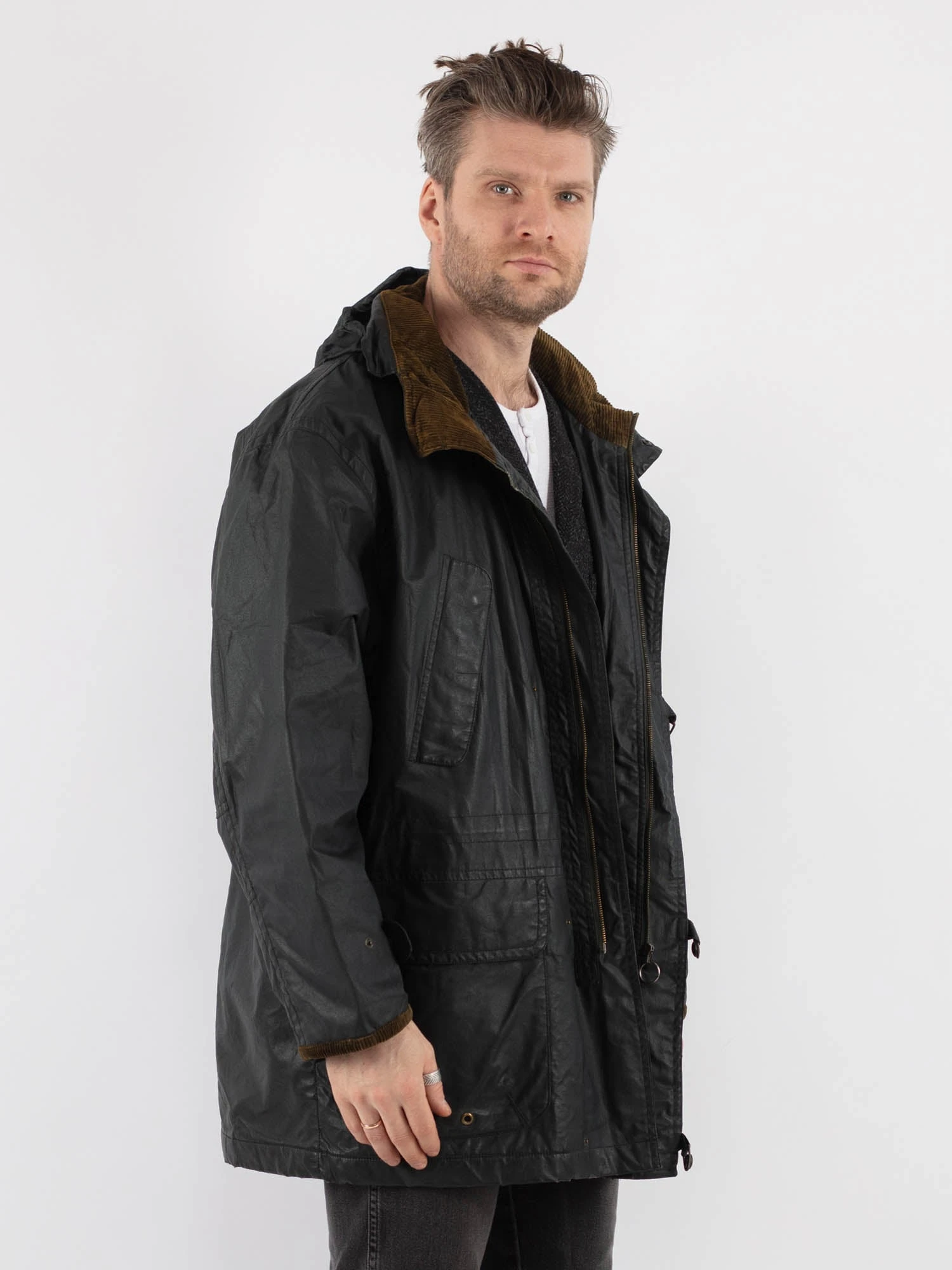 Vintage 70's Men Hooded Waxed Canvas Jacket In Black 2 Vintage 70's Men Hooded Waxed Canvas Jacket In Black - Image 2