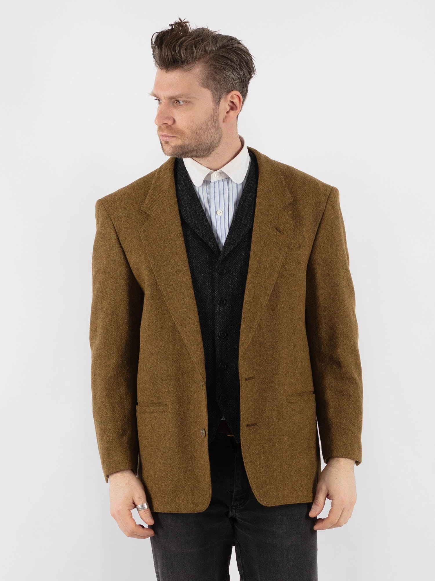 Vintage 70's Men Wool Blazer Jacket In Sand Brown 1 Vintage 70's Men Wool Blazer Jacket In Sand Brown