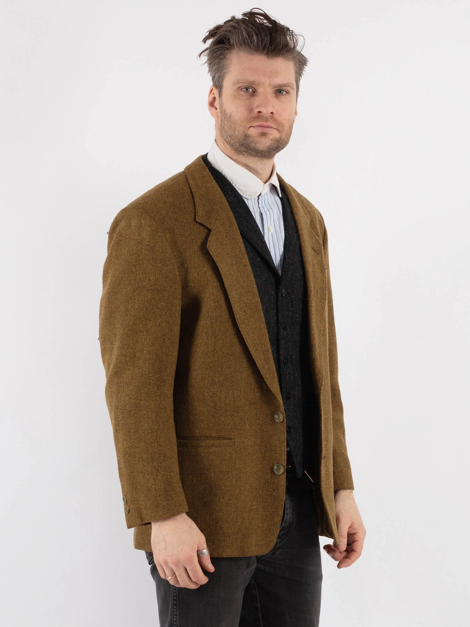 Vintage 70's Men Wool Blazer Jacket In Sand Brown 3 Vintage 70's Men Wool Blazer Jacket In Sand Brown - Image 3