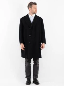 Vintage 70's Men Wool Coat In Black