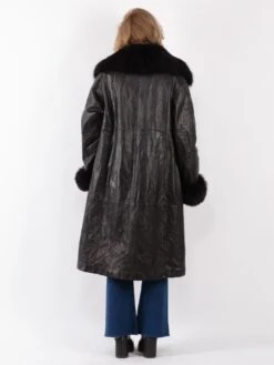 Vintage 70's Women Leather Fur Long Coat In Black -Northern Grip Vintage 70s Women Leather Coat 0543