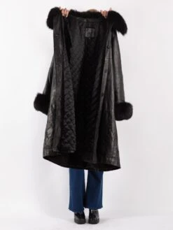 Vintage 70's Women Leather Fur Long Coat In Black -Northern Grip Vintage 70s Women Leather Coat 0544