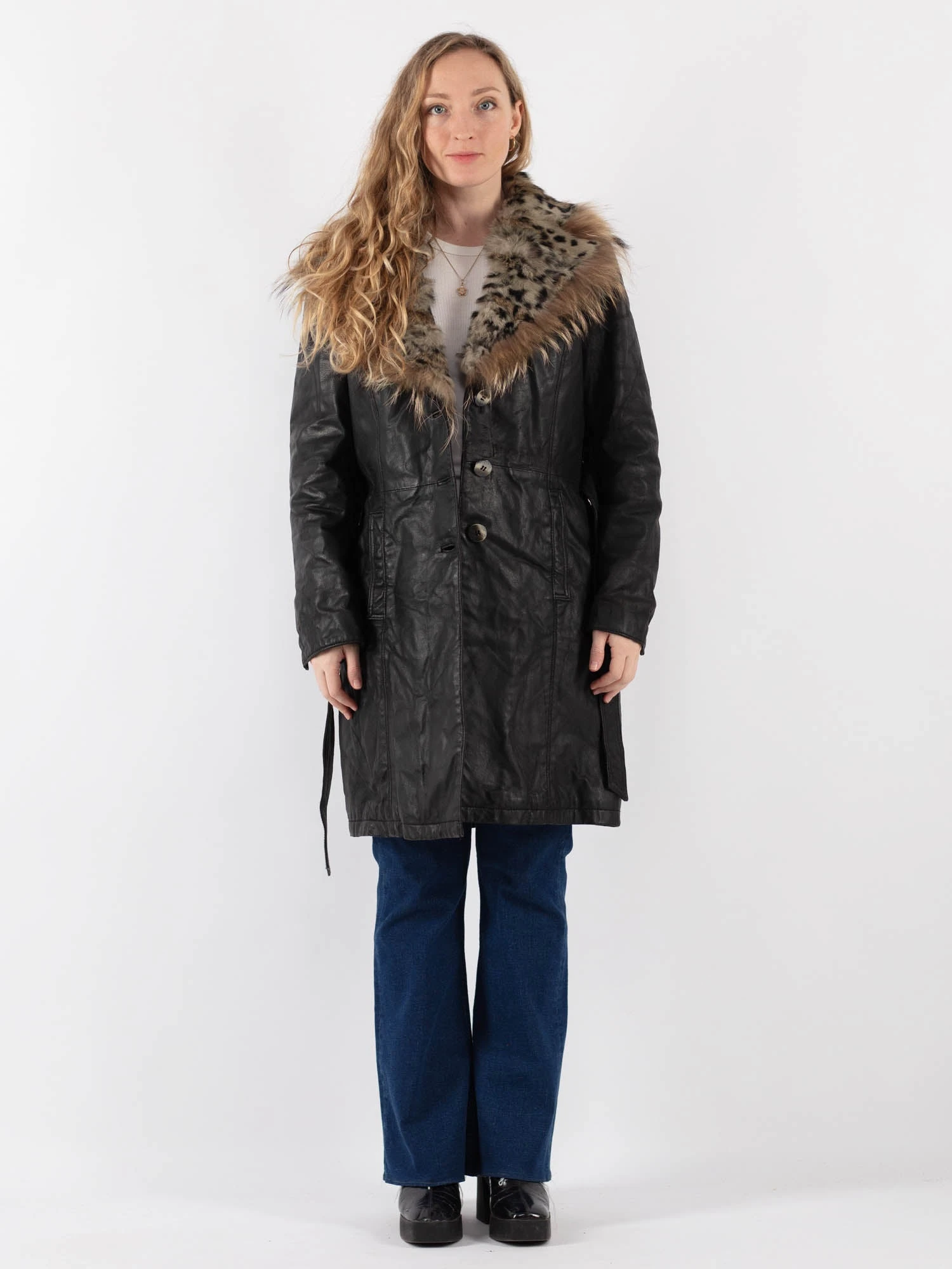 Vintage 70's Women Leather Fur Coat In Black 1 Vintage 70's Women Leather Fur Coat In Black