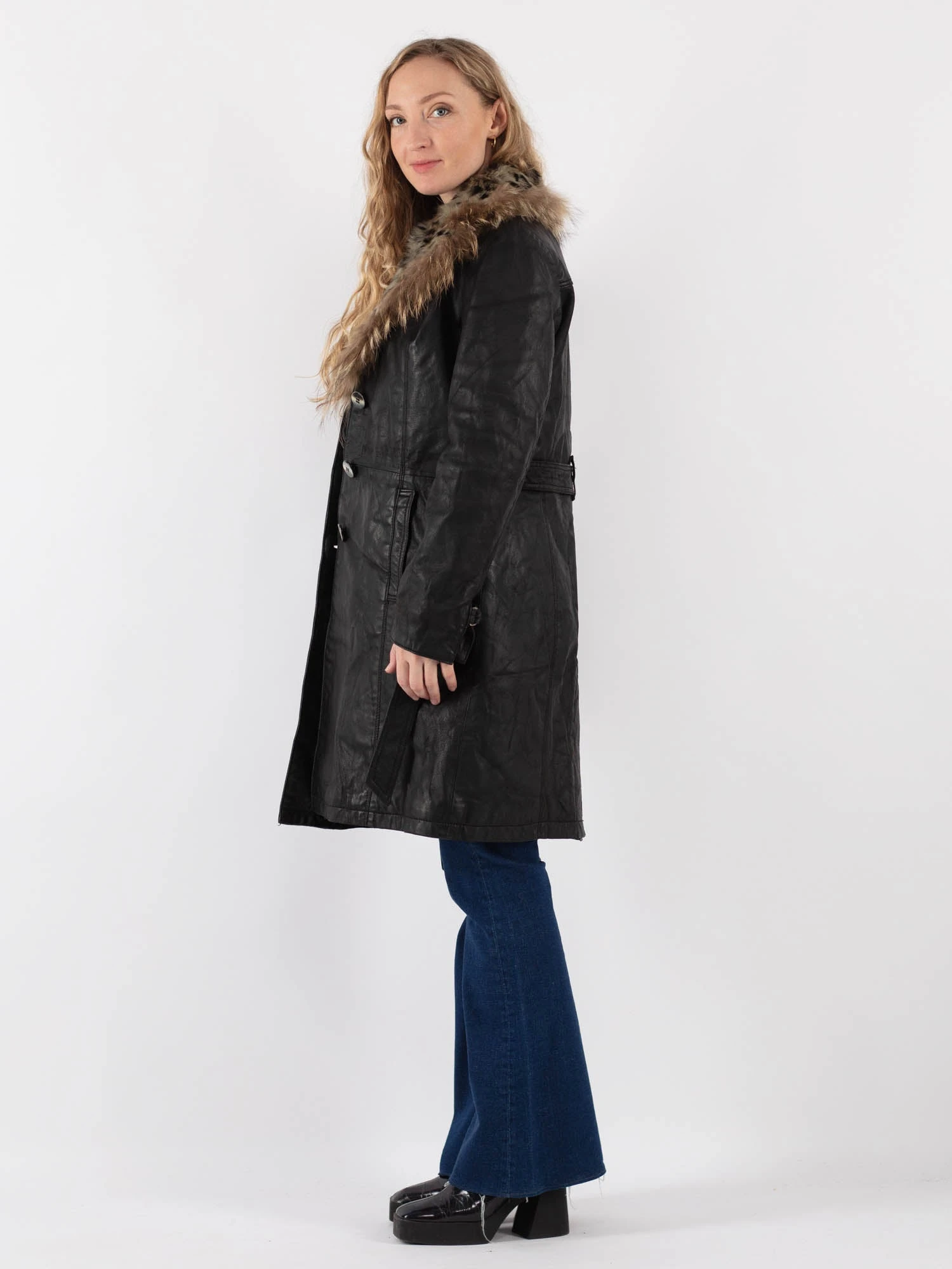 Vintage 70's Women Leather Fur Coat In Black 3 Vintage 70's Women Leather Fur Coat In Black - Image 3