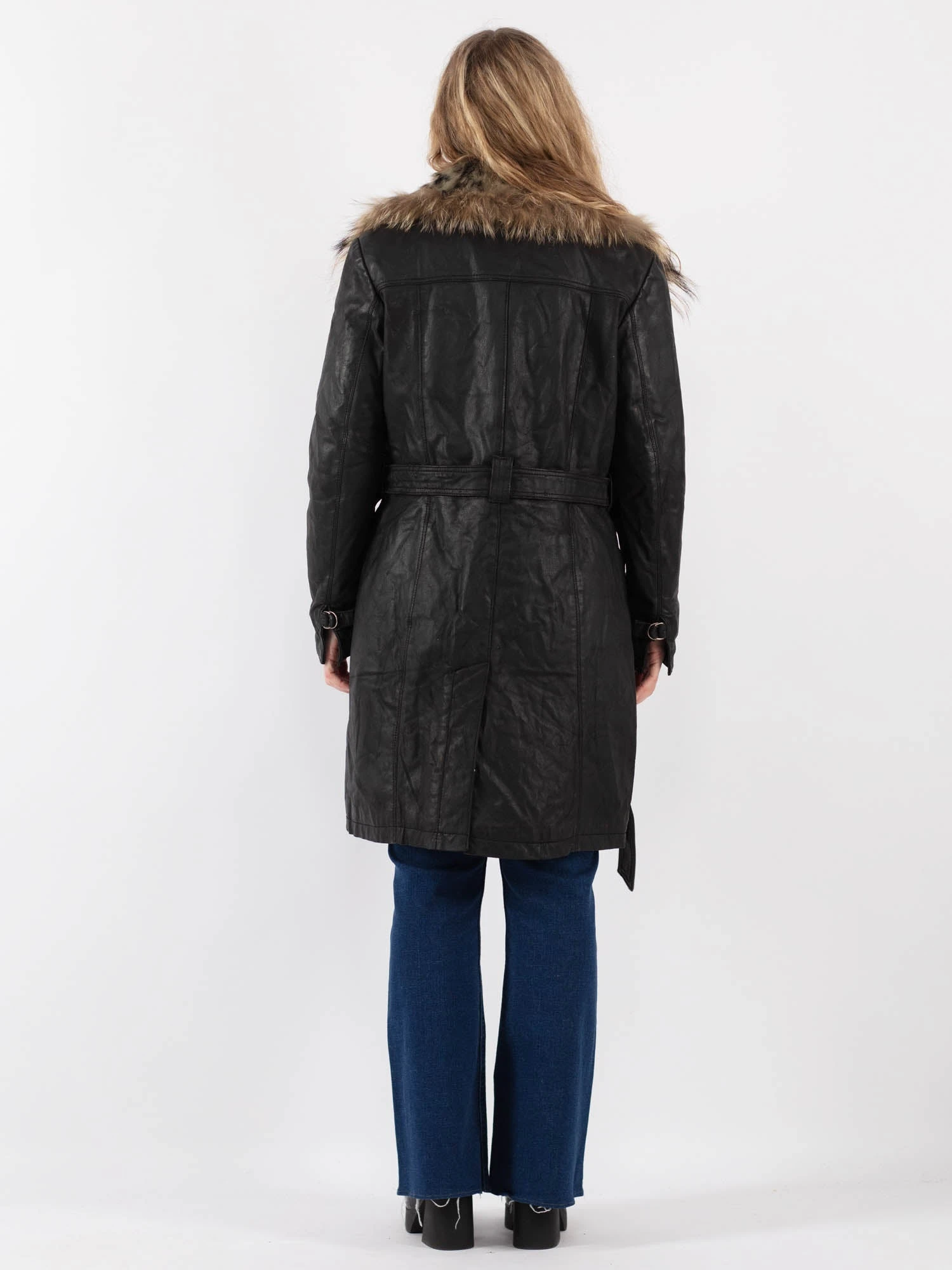 Vintage 70's Women Leather Fur Coat In Black 2 Vintage 70's Women Leather Fur Coat In Black - Image 2