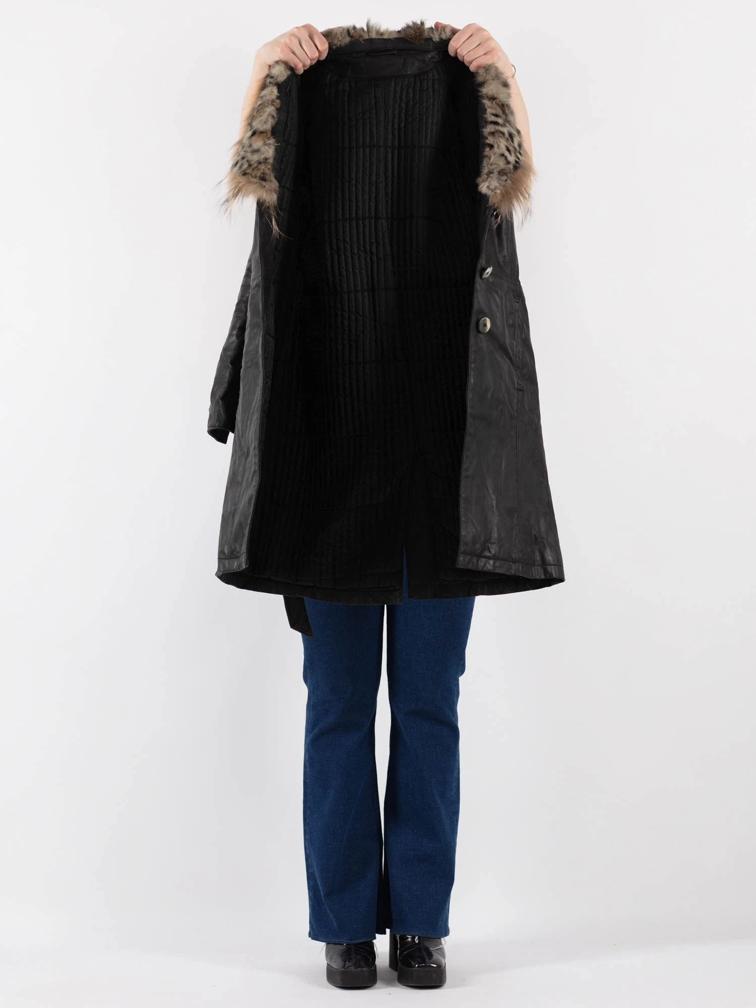 Vintage 70's Women Leather Fur Coat In Black 4 Vintage 70's Women Leather Fur Coat In Black - Image 4