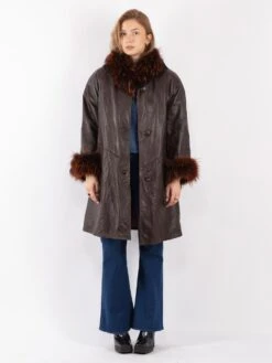 Vintage 70's Women Leather Fur Coat In Brown